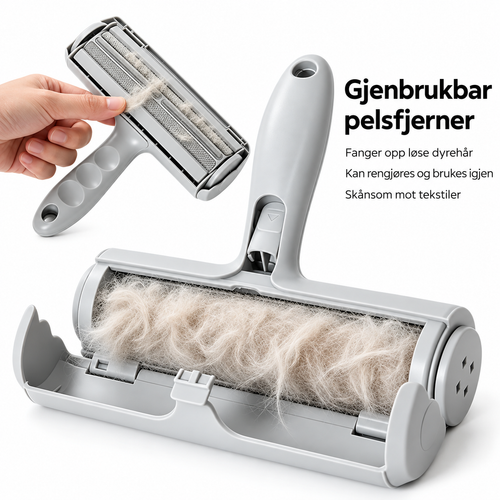 Gjenbrukbar pelsfjerner med oppsamlingsbeholder og norsk produktinformasjon