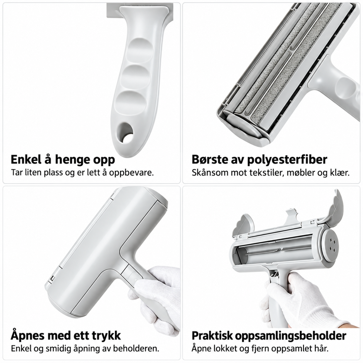 Pelsrullens håndtak, børste, åpneknapp og oppsamlingsbeholder forklart på norsk